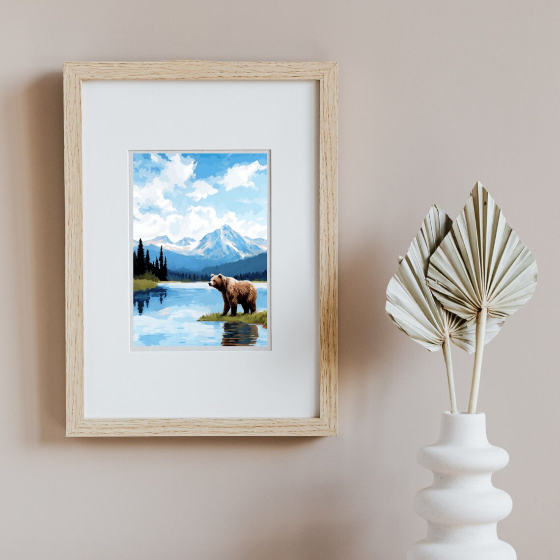 Brown Bear Standing by Alaskan Lake Snowy Mountain Wildlife Poster - Image 2