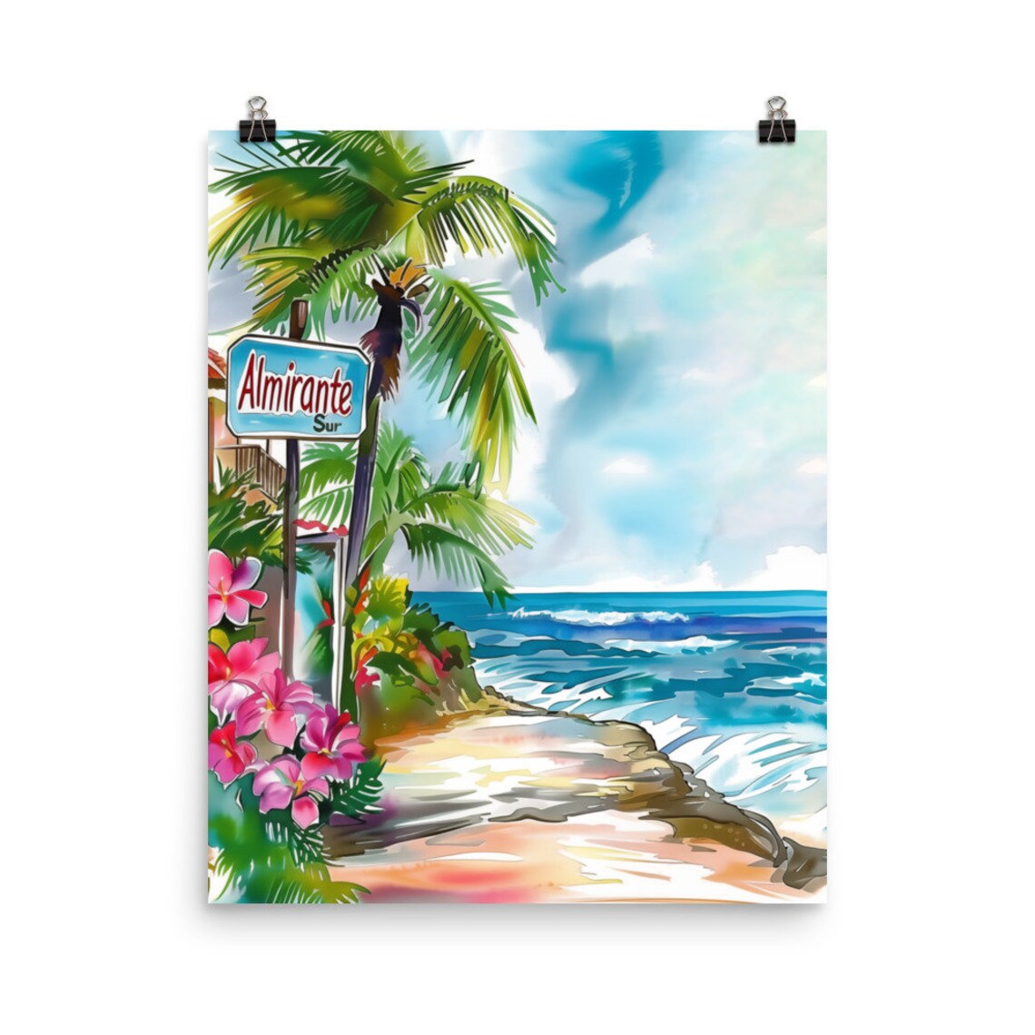 Almirante Sur Puerto Rico Palm Coast Watercolor Travel Poster