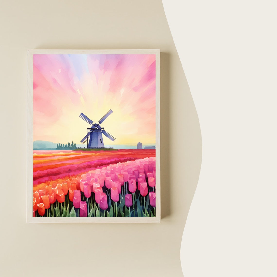 Netherlands Tulip Fields Windmill Sunrise Striped Watercolor Poster - Image 2