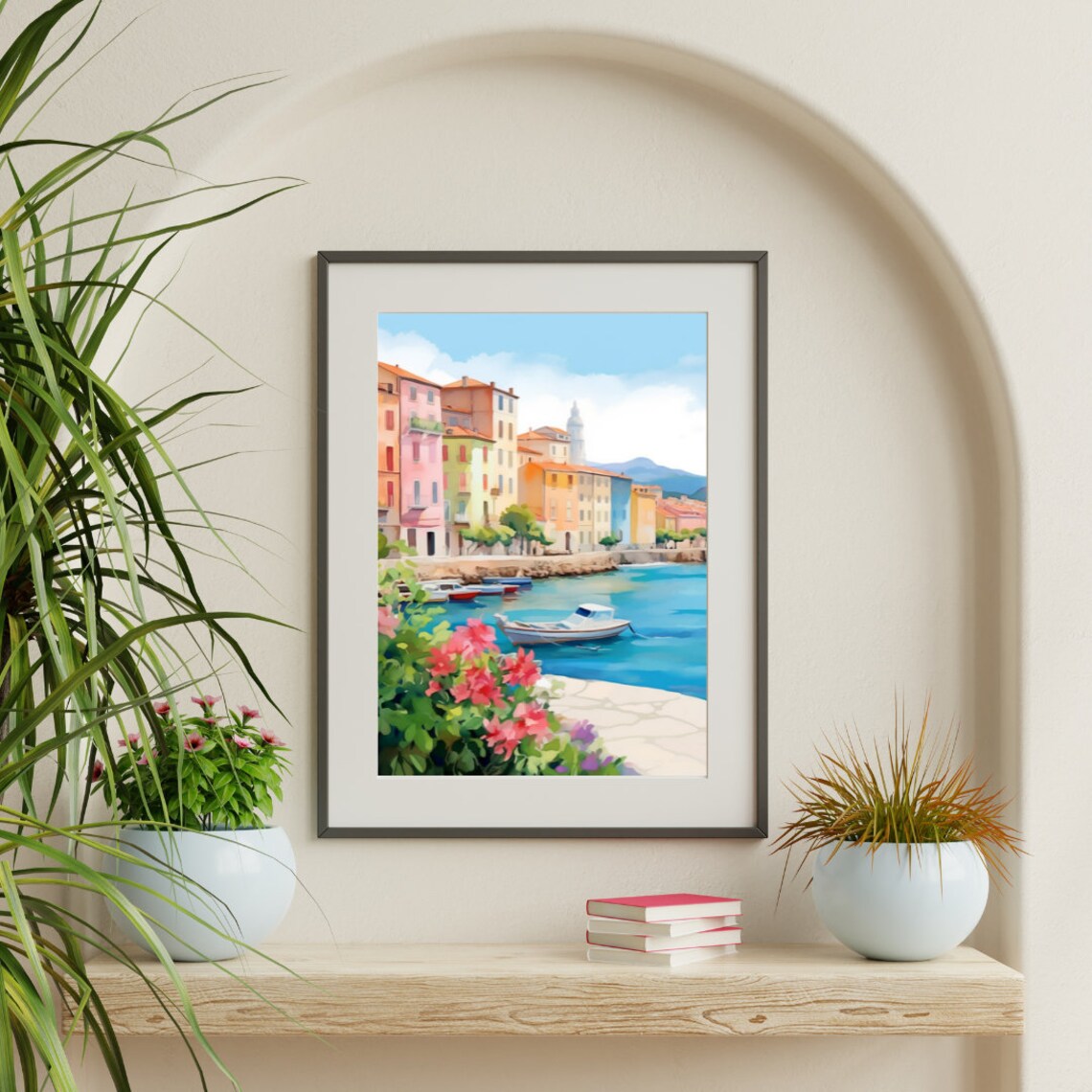 Marseille Harbor Watercolor Poster with Pastel Buildings and Boats - Image 3