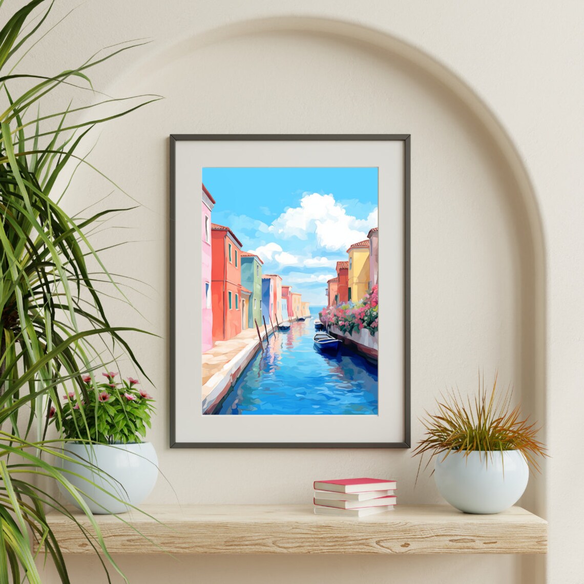 Burano Canal Colorful Houses Boats and Flowers Watercolor Poster - Image 3