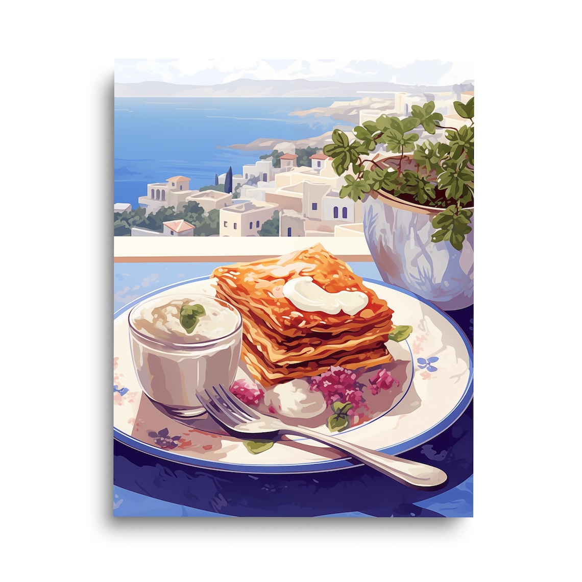 Baked Eggplant Dish With Yogurt Overlooking Aegean Sea Town Poster