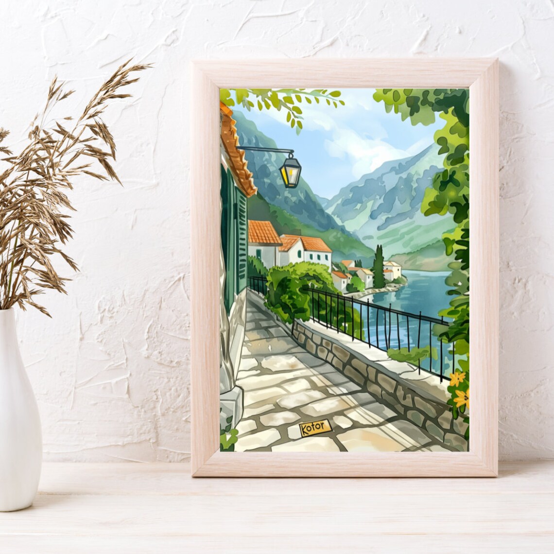 Kotor Montenegro Stone Walkway along the Bay Watercolor Poster - Image 3