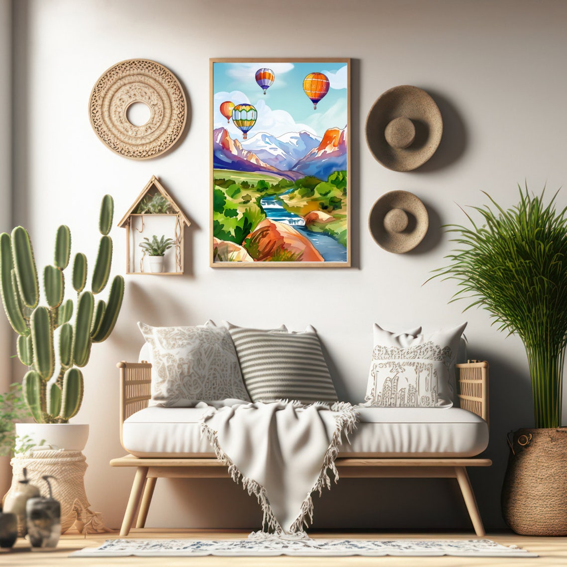 Hot Air Balloons Drifting Over a Mountain Valley River Poster - Image 2