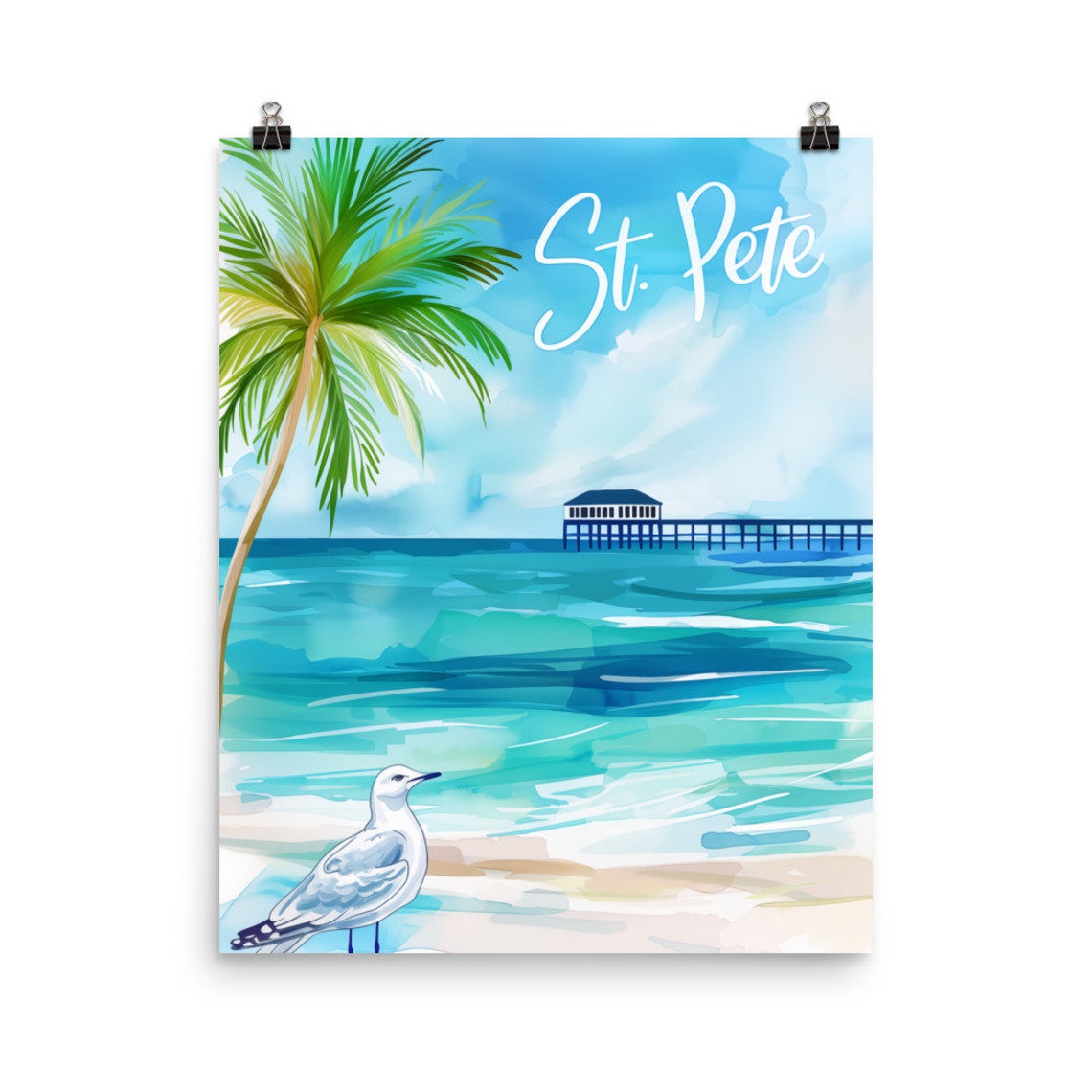 St. Pete Beach Pier Palm Seagull Retro Script Watercolor Poster