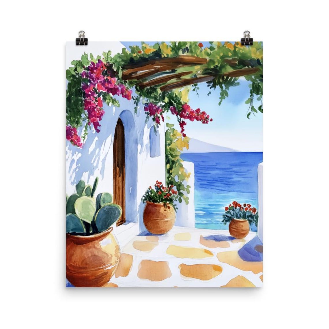 Greek Island Pergola Bougainvillea Sea Terrace Watercolor Poster