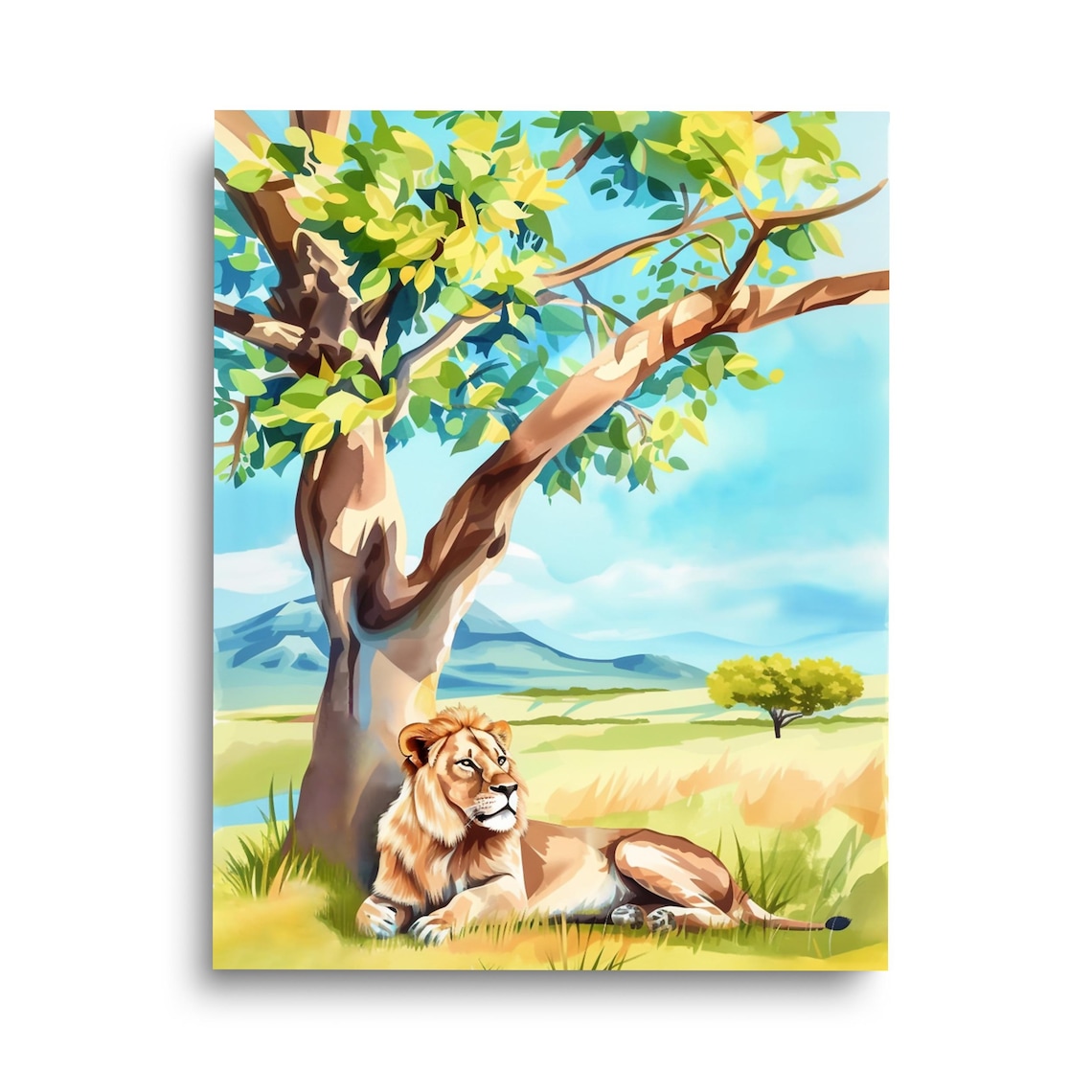 Lion Resting Under Acacia Tree Savanna Watercolor Wildlife Poster