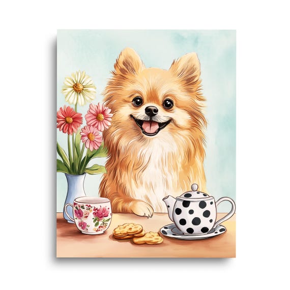 Pomeranian Tea Time Print Dog Wall Art Cute Doggo Pet Nursery Decor Animal Artwork Puppy Gift Poster Pupper Pomsky Canine