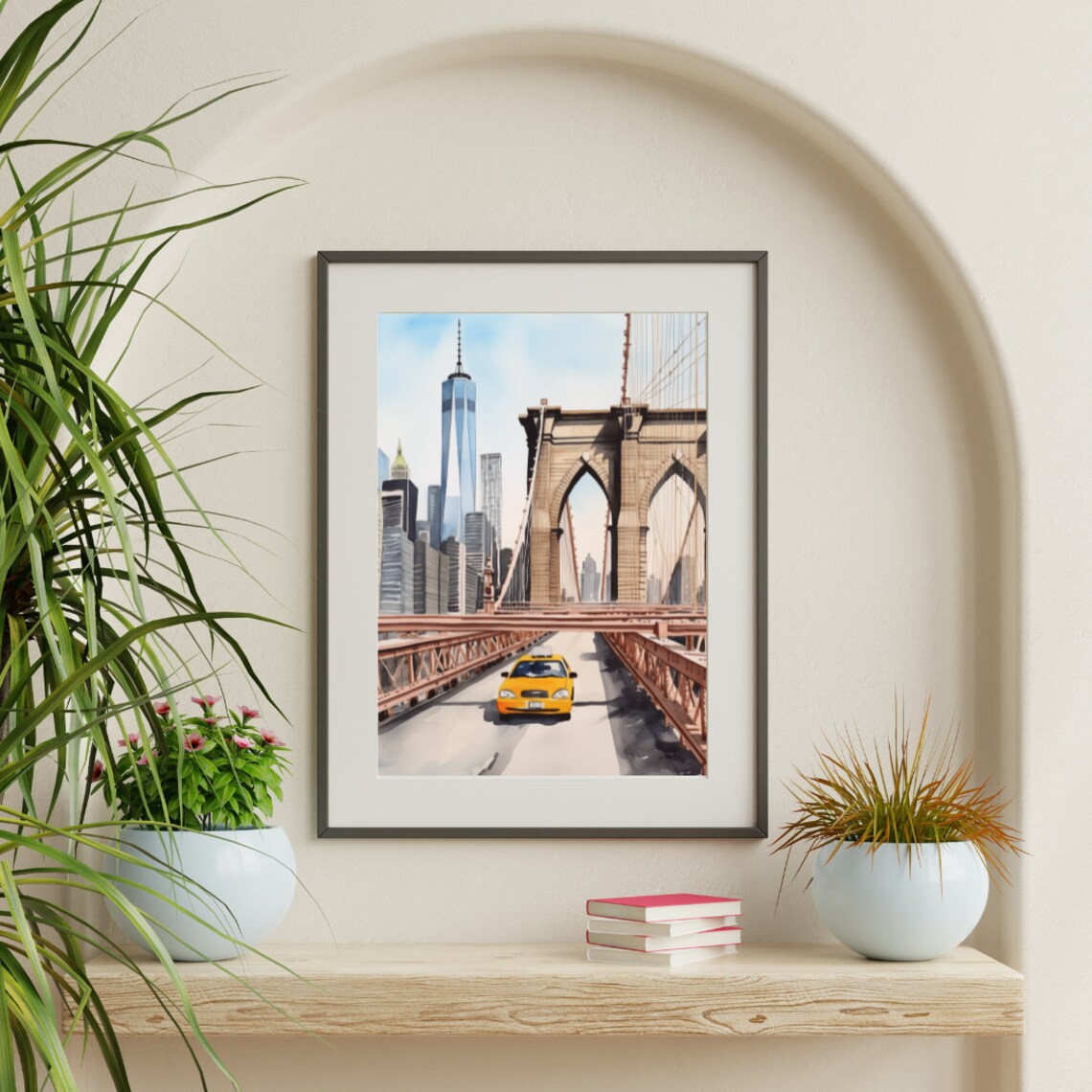 Yellow Taxi Crossing Brooklyn Bridge Skyline Watercolor Poster - Image 3