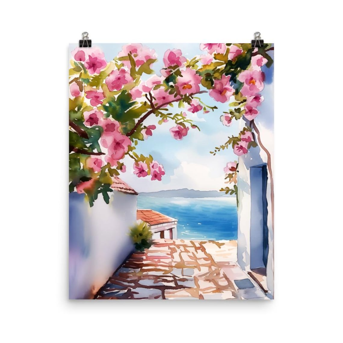 Andalusian Alleyway Bougainvillea Sea View Watercolor Poster