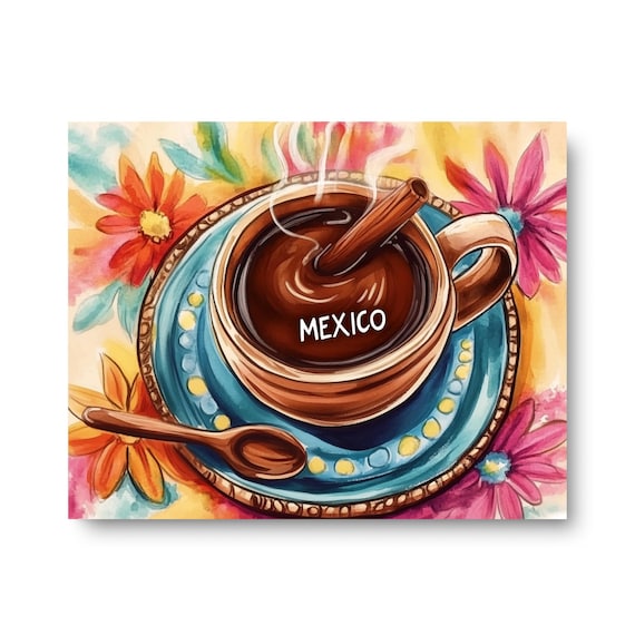 Mexican Coffee Clay Cup Cinnamon Horizontal Watercolor Kitchen Poster