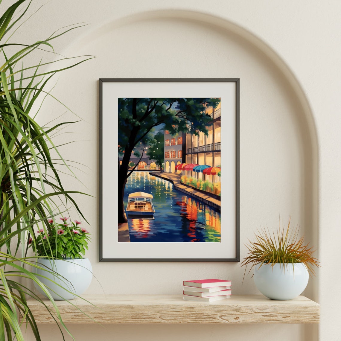 Night Canal Boat Under Trees Glowing River Walk Lights Poster - Image 3