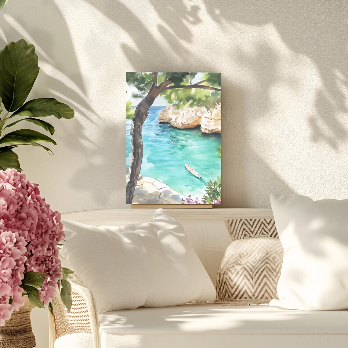 Cala Ferrera Mallorca Watercolor Cove Boat Coastal Art Poster