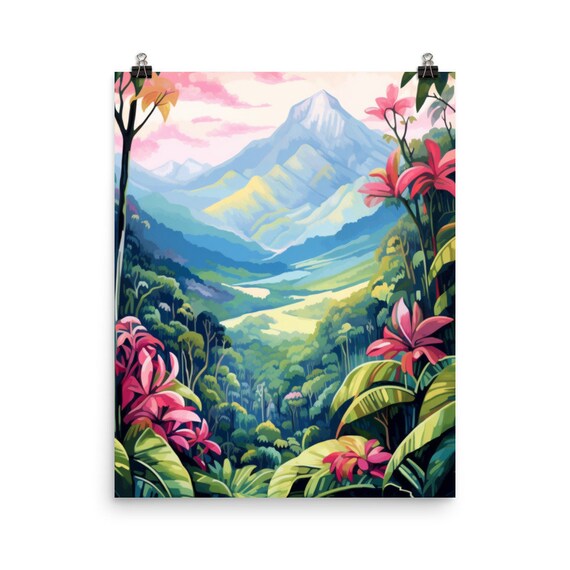 Blue Mountains Jamaica Watercolor Tropical Rainforest Art Poster