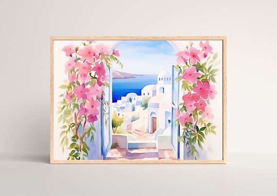 Santorini Greece Watercolor Pink Bougainvillea Arch Coastal View Poster