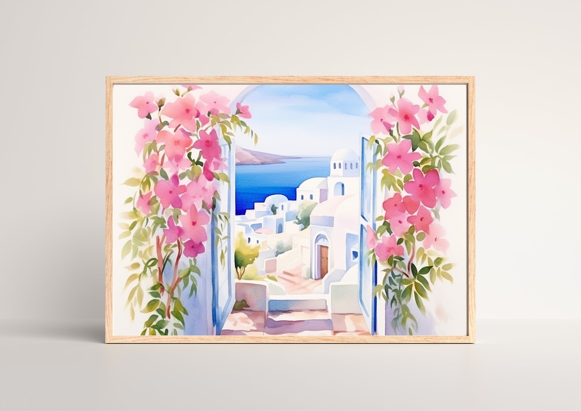 Santorini Greece Watercolor Pink Bougainvillea Arch Coastal View Poster