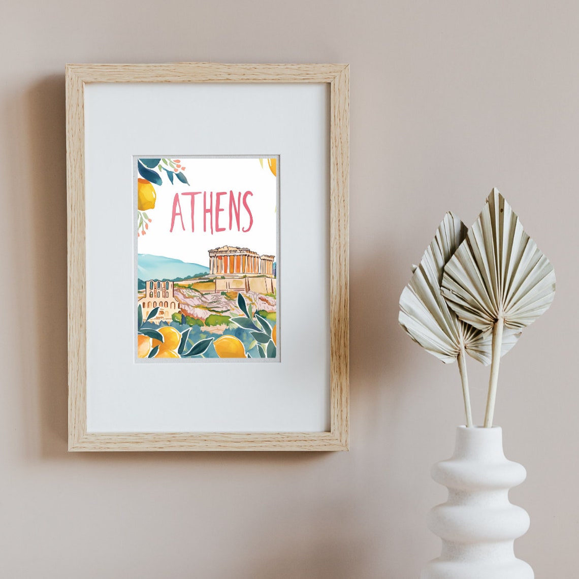 Athens Parthenon Acropolis with Citrus Border Watercolor Poster - Image 2