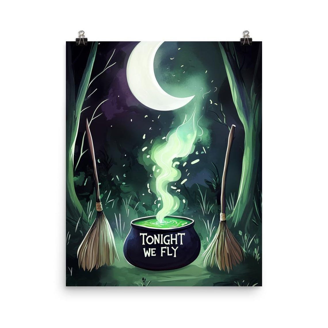 Magic Broomsticks Print Tonight We Fly Halloween Home Decor Spooky Wall Art Cauldron Artwork Witch Poster Magical Moonlit Forest