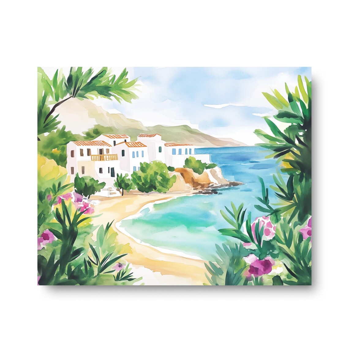 Crete Greece Coastal Village Watercolor Mediterranean Poster