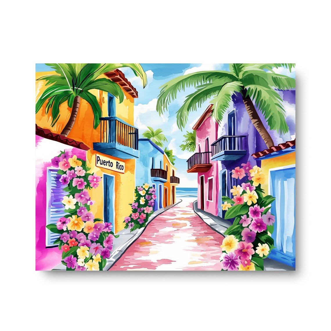 Puerto Rico Colorful Colonial Street Flowers Watercolor Art Poster