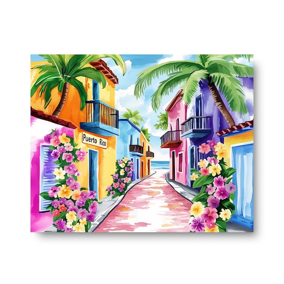 Puerto Rico Colorful Colonial Street Flowers Watercolor Art Poster