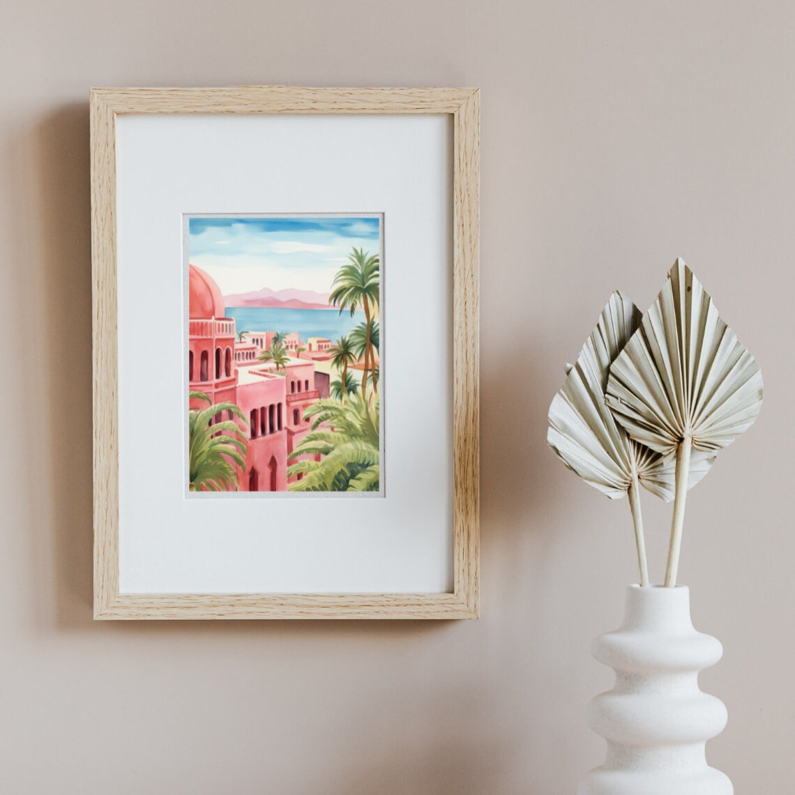 Tenerife Pink Dome Houses Palm Trees Coastal Bay Watercolor Poster - Image 3