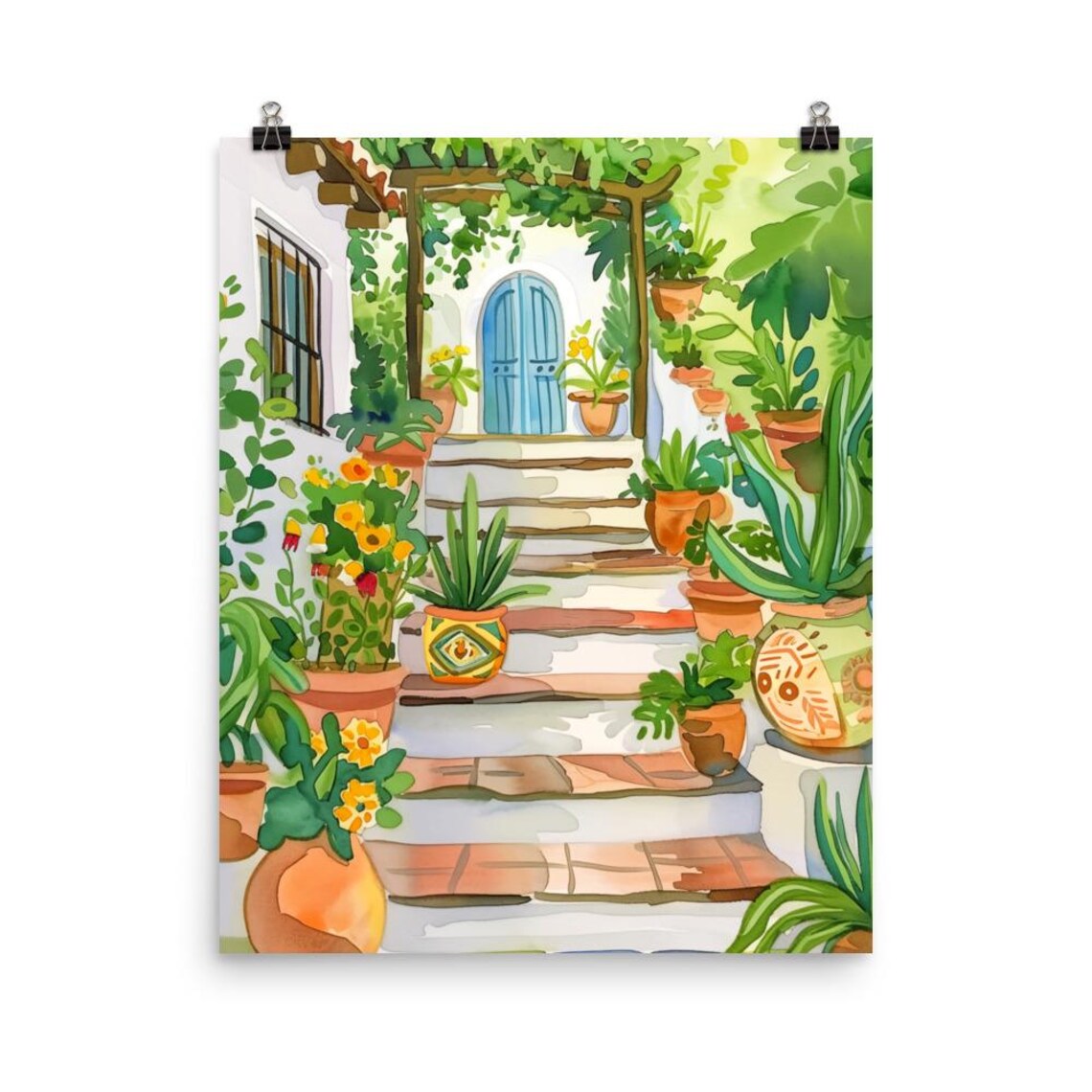 Alicante Spain Watercolor Courtyard With Blue Door Travel Poster
