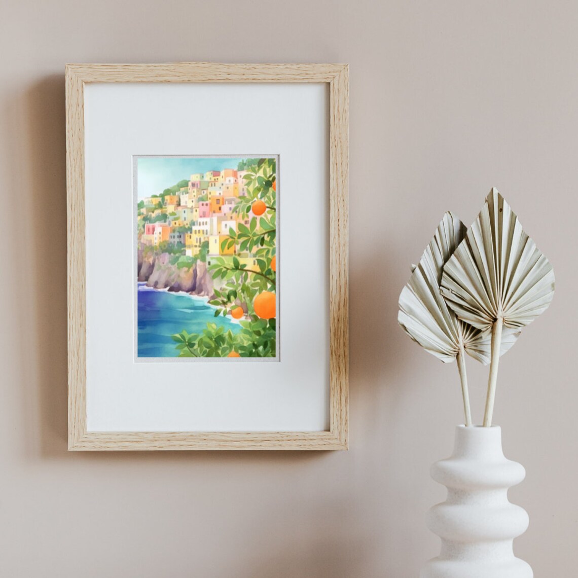 Amalfi Coast Cliffside Village with Orange Tree Watercolor Poster - Image 3