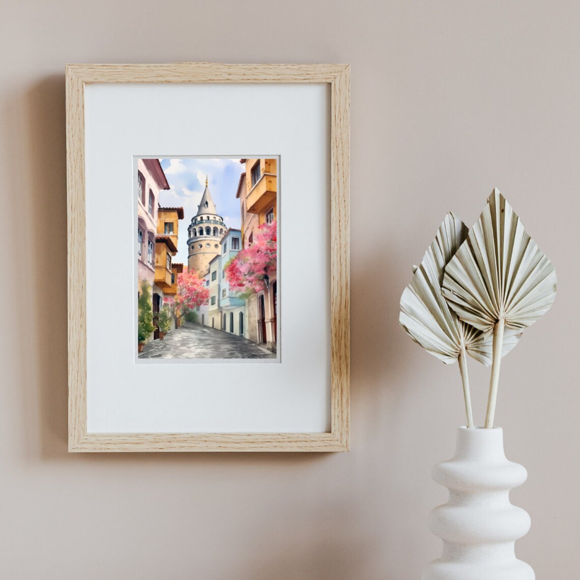 Galata Tower Istanbul Old Street Blossoms Scene Watercolor Poster - Image 3