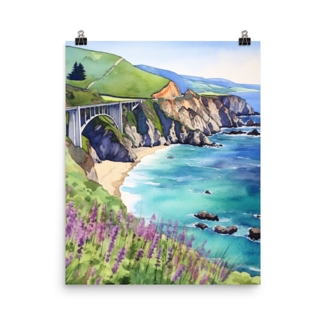 Big Sur Watercolor Travel Poster, Bixby Creek Bridge