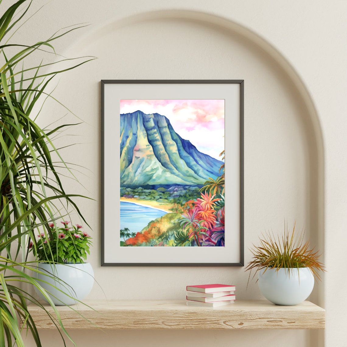 Lush Green Valley Mountain Over Tropical Beach Flowers Poster - Image 3