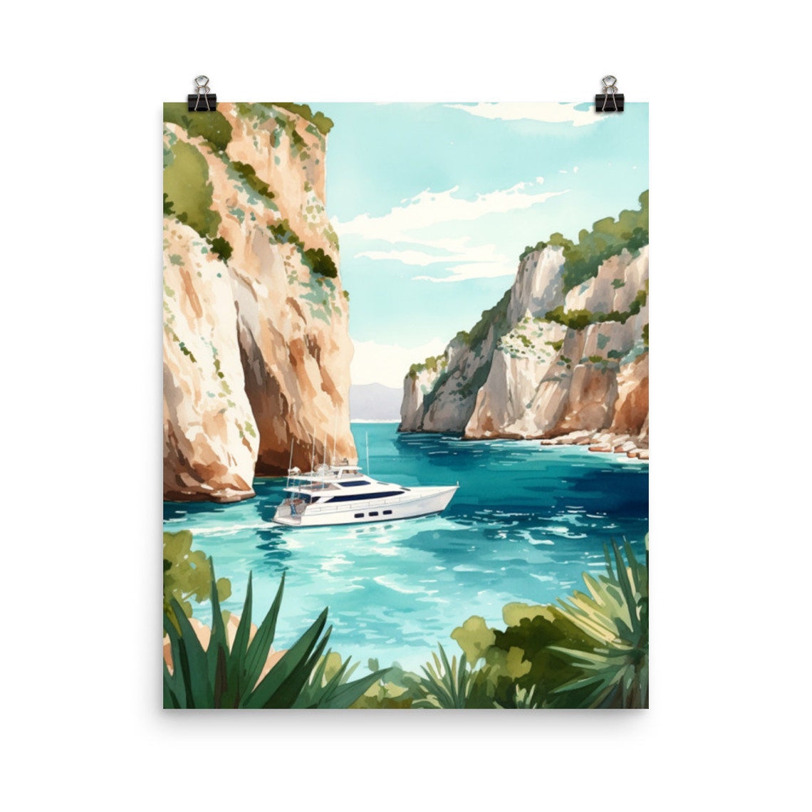Calo des Moro Yacht Turquoise Cove White Cliffs Scene Poster