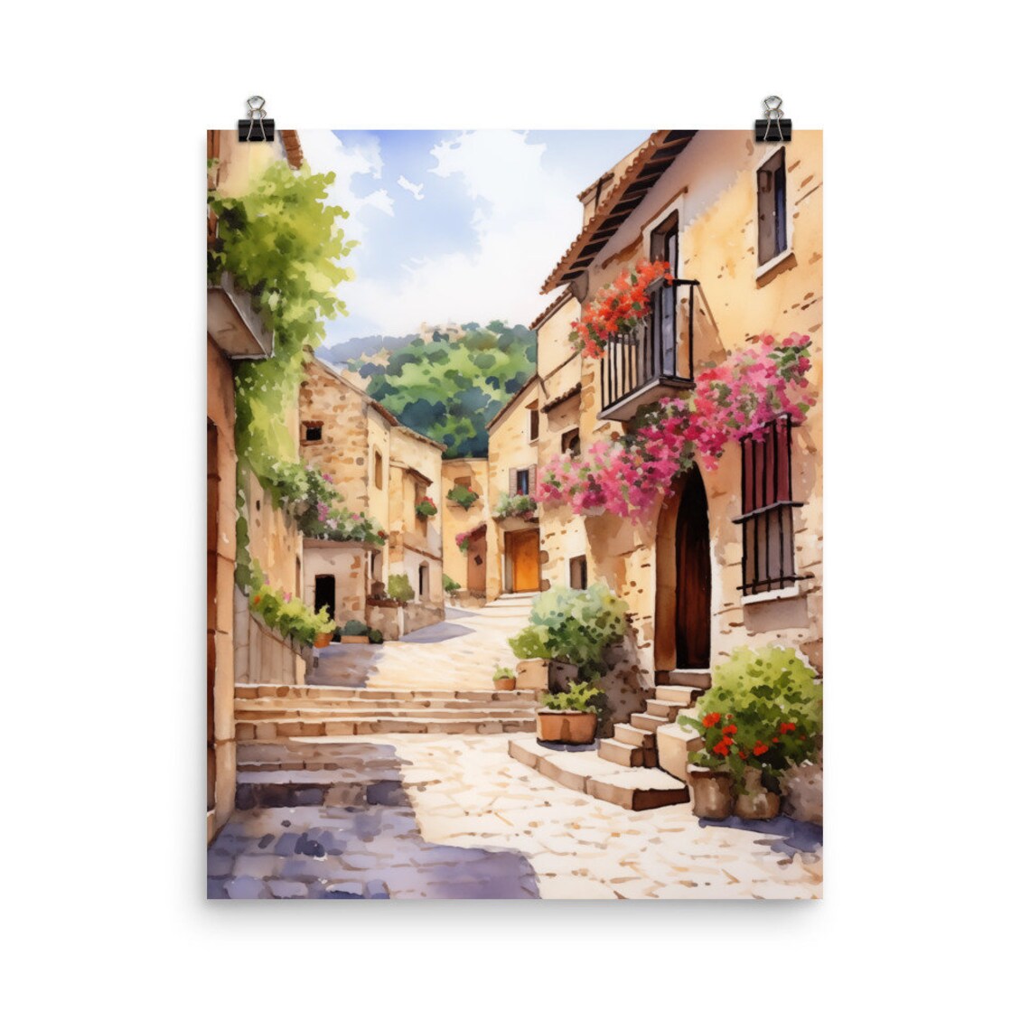 Valldemossa Watercolor Travel Poster, Mallorca Spain