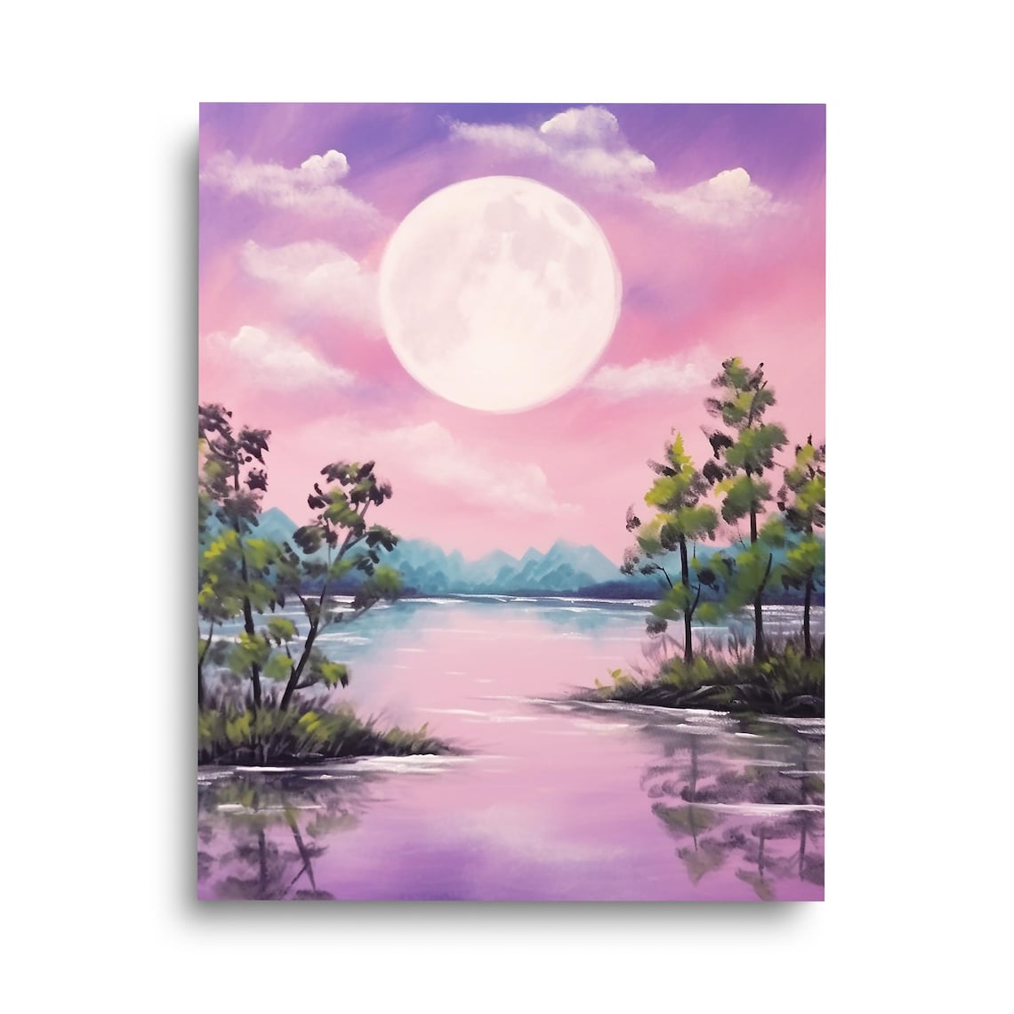Full Moon Pink Sky Lake Watercolor Dreamy Celestial Art Poster