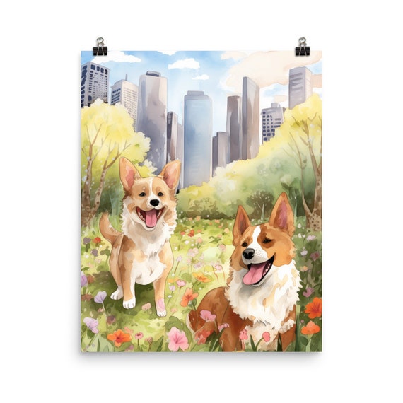 Nyc Dog Park Watercolor Print New York Travel Gift Wall Art Central Decor Manhattan Skyline Cityscape Cute Poster