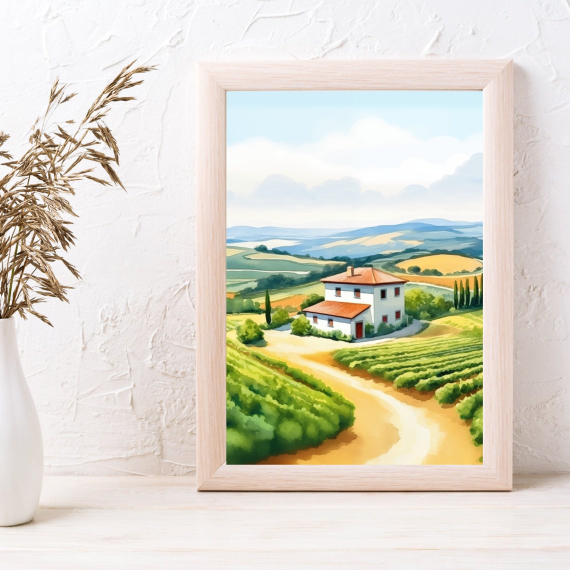 La Rioja Vineyard Farmhouse with Rolling Hills Watercolor Poster - Image 3
