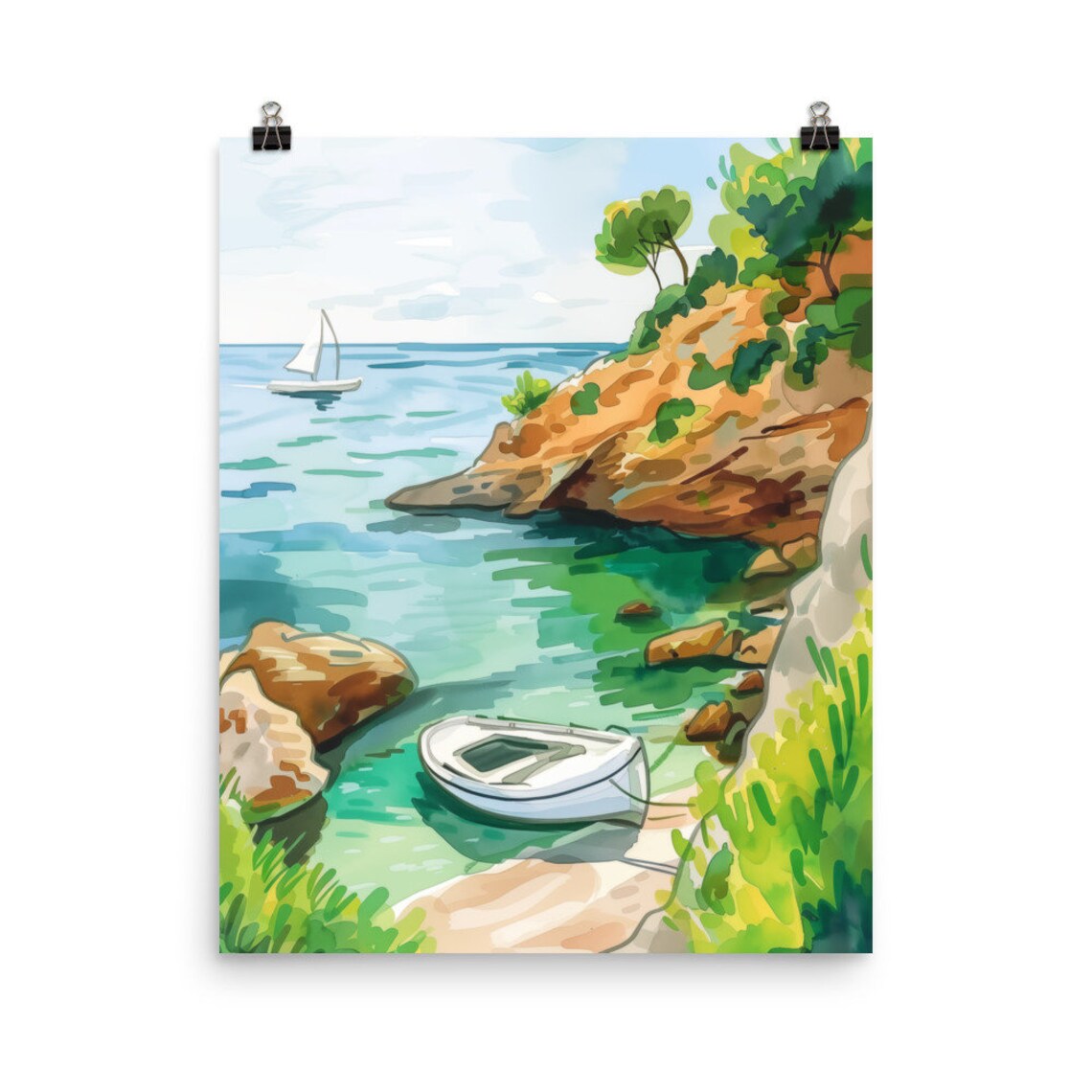 Costa Brava Hidden Cove with White Rowboat Watercolor Poster
