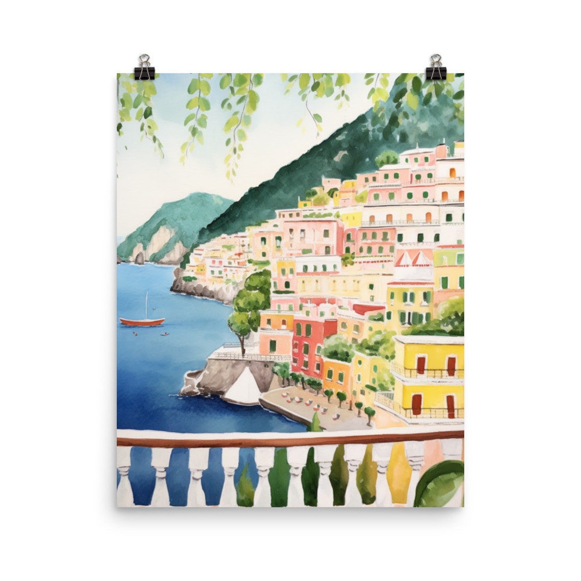 Positano Amalfi Coast Cliffside from Balcony Watercolor Poster