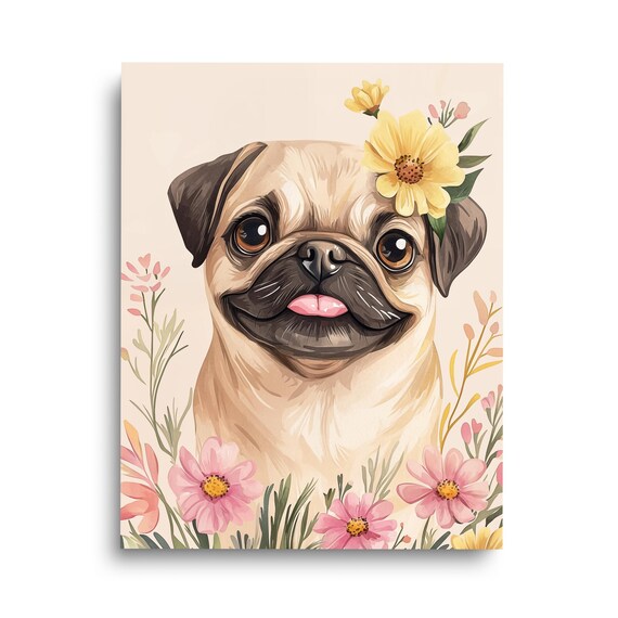 Cute Smiling Pug Puppy Portrait Watercolor Floral Nursery Poster