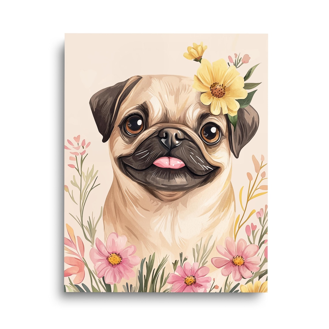 Cute Smiling Pug Puppy Portrait Watercolor Floral Nursery Poster
