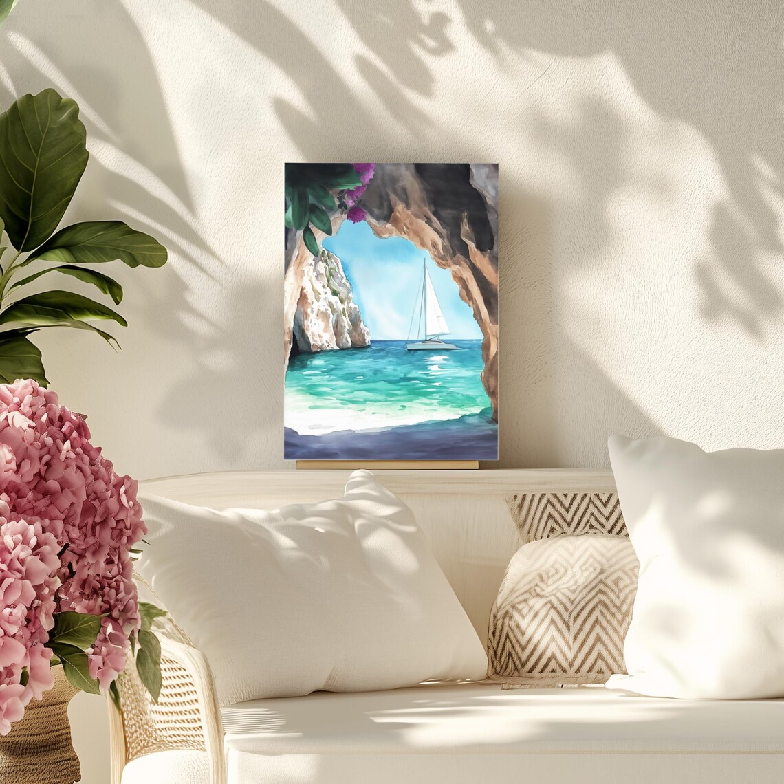 Blue Grotto Capri Italy Watercolor Sailboat Sea Cave Art Poster