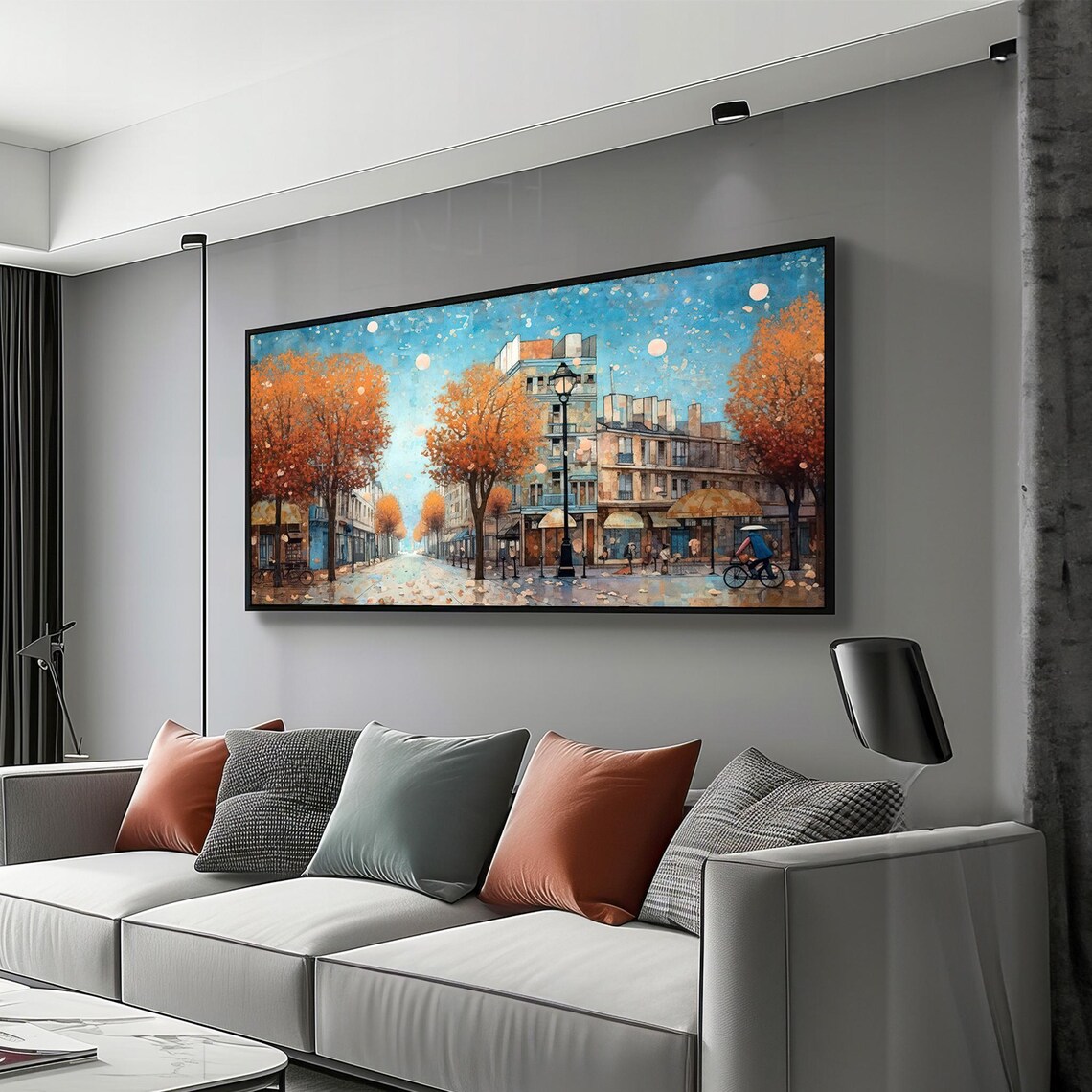 Parisian Autumn Street Cyclist with Umbrella City Scene Poster