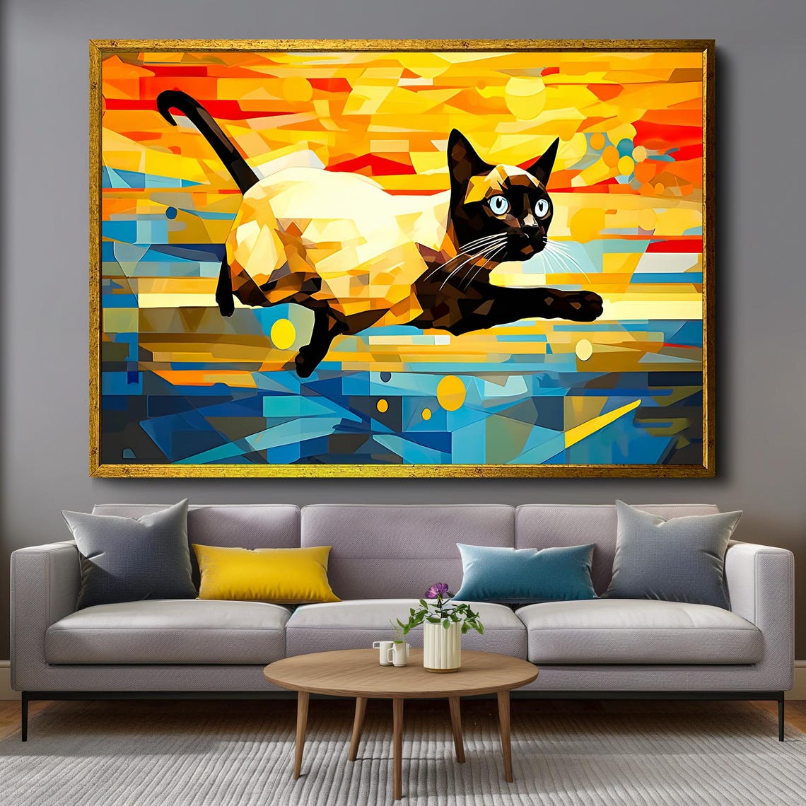Geometric Siamese Cat Leaping Colorful Pop Art Feline Poster - Image 4