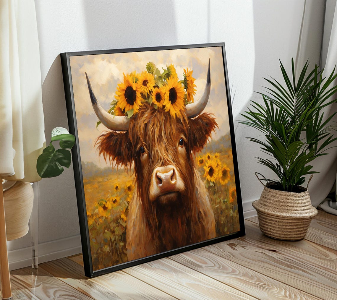Charming Highland Cow With A Sunflower Crown In A Sunny Field Poster
