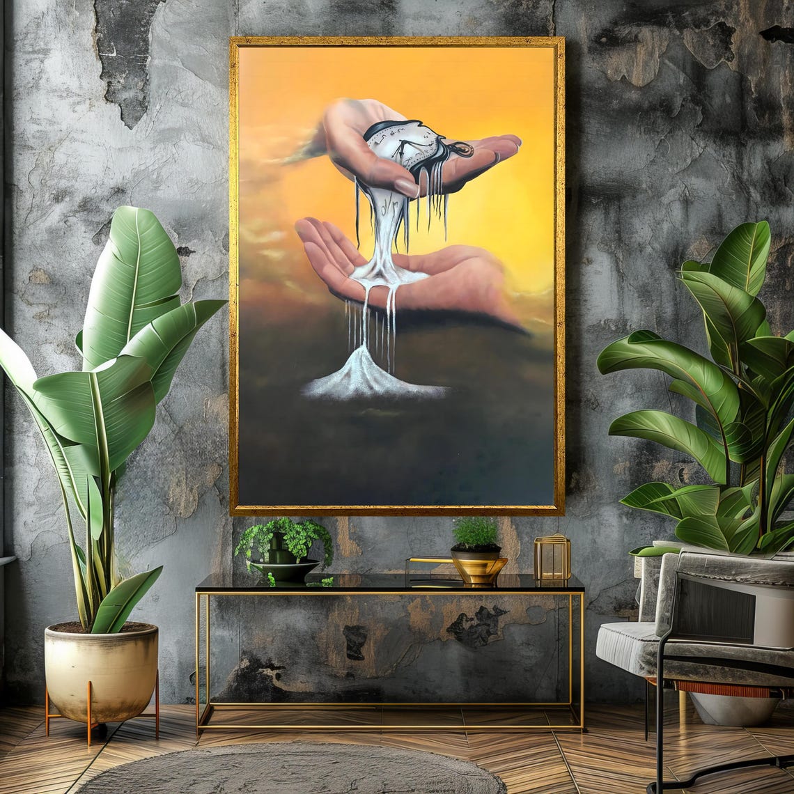 Surrealist Melting Clock Held by Two Hands on a Golden Sky Poster - Image 4