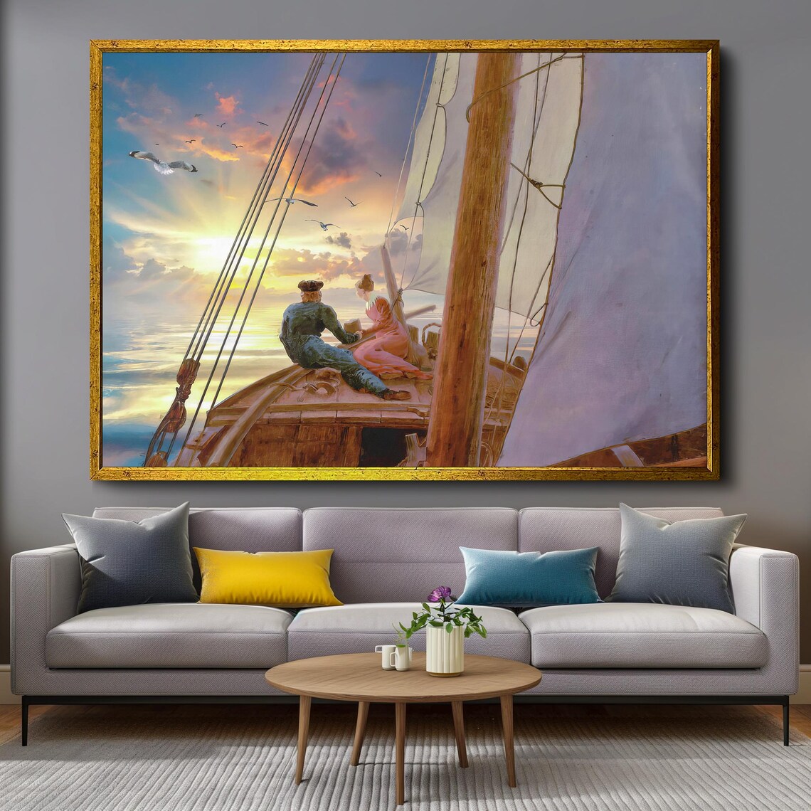 Sunset Sailboat Romance Couple Embracing on Open Sea Art Poster - Image 4