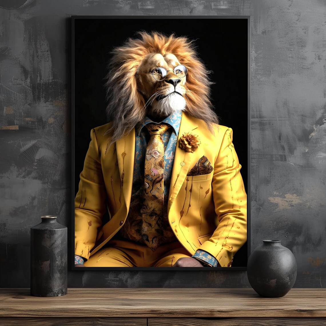 Dapper Lion in a Tailored Yellow Suit With Glasses Poster For Home Office - Image 2