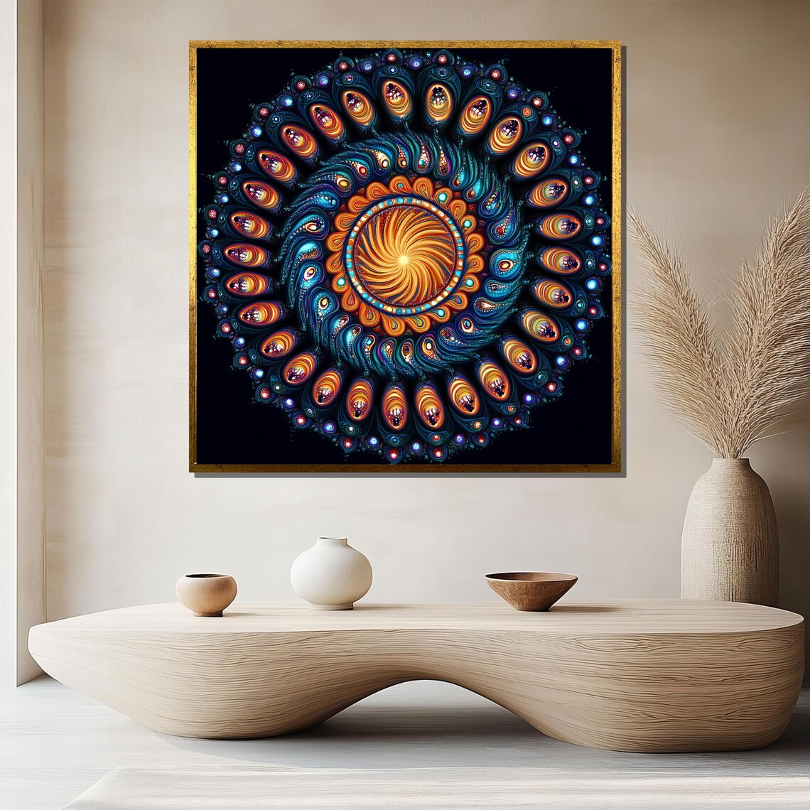 Fiery Orange and Teal Spiral Mandala with Peacock Motifs on Black Poster