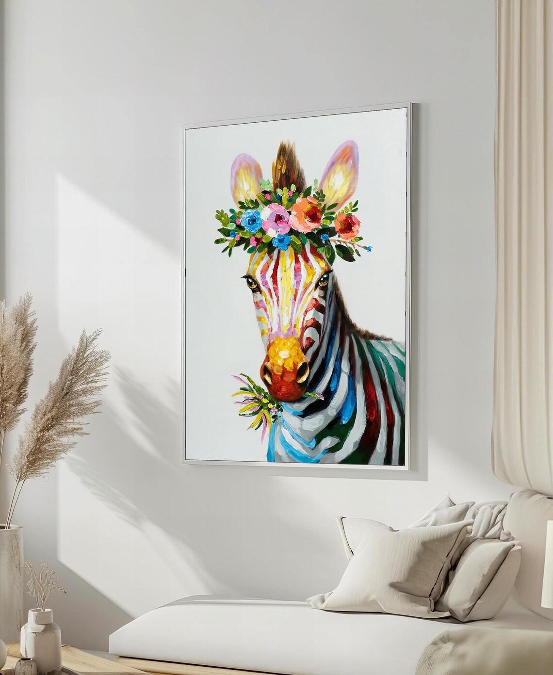 Colorful Zebra Wearing Floral Crown Whimsical Rainbow Animal Art Poster