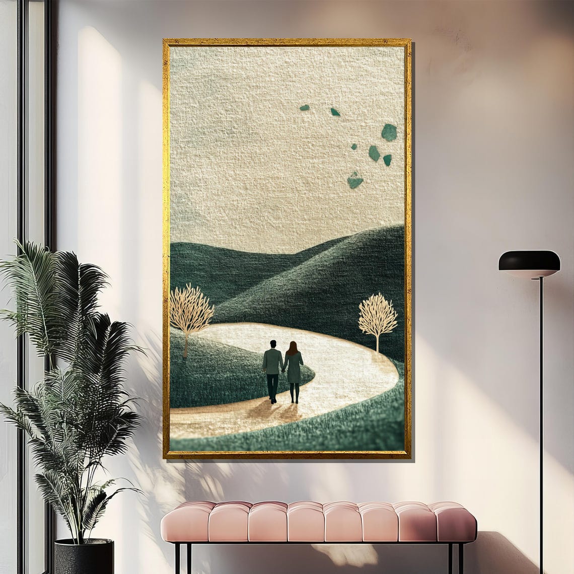 Minimalist Couple Walking Rolling Hills Path Modern Romance Poster